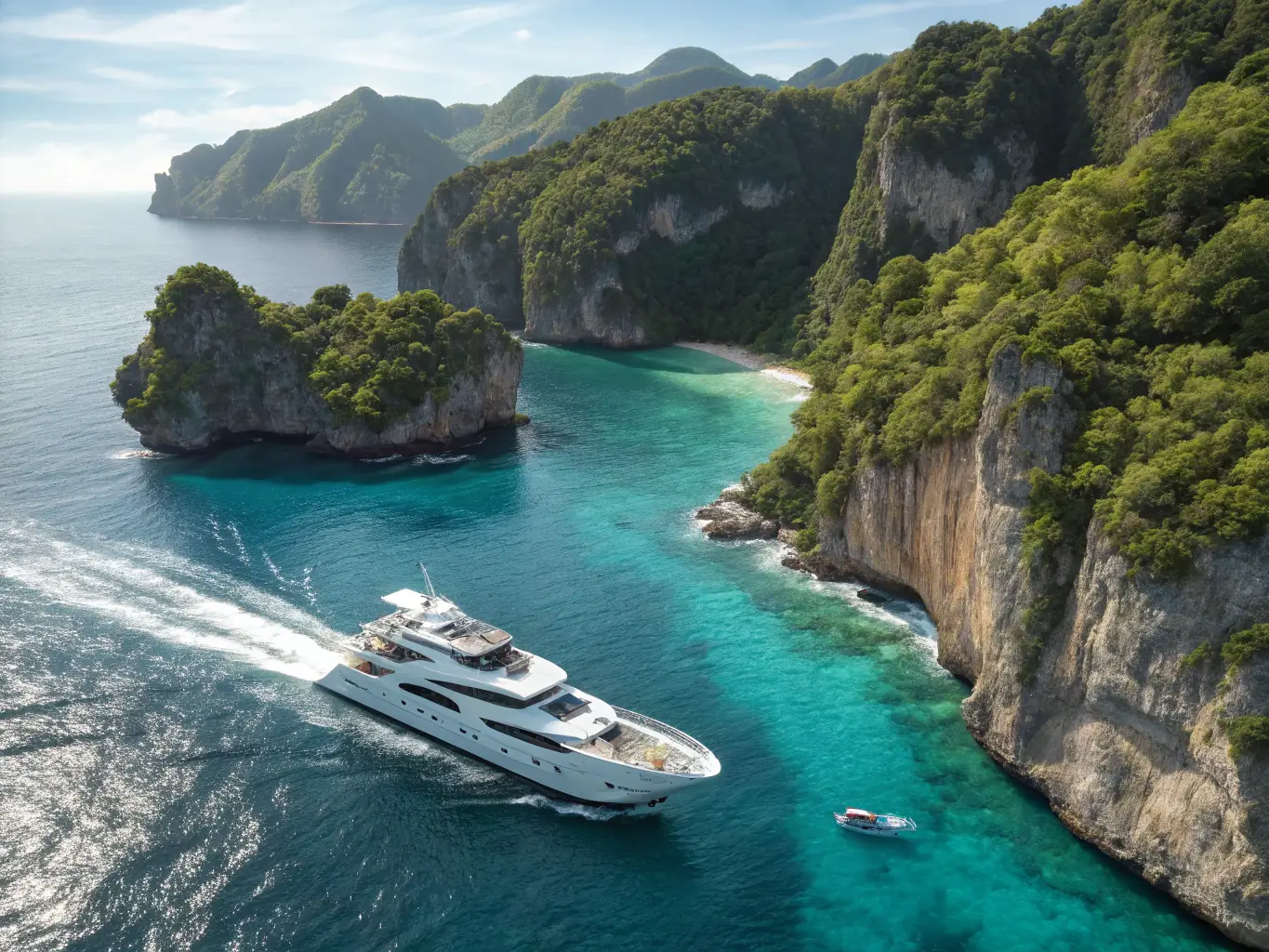 A picturesque view of St. Vincent's coastline, showcasing lush greenery meeting the turquoise waters, with a catamaran sailing in the distance.