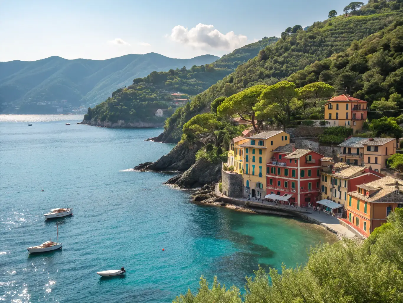 A serene image of Bequia's Admiralty Bay, featuring colorful boats bobbing gently in the clear water, surrounded by charming waterfront buildings.